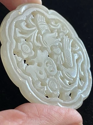 Medallón de jade nefrita vintage blanco/corte celadón motivo de pájaro de trabajo Foto 1 de 4