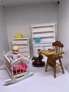dollhouse miniature nursery set rocking cradle w baby chest cabinet high chair - Picture 1 of 18