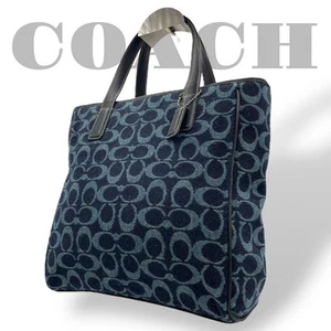 Coach Tote Bag Wool Leather Navy Blue Used Leather Bag Genuine Navy - Picture 1 of 12