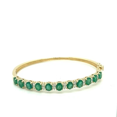 14K Yellow Gold Emerald & Diamond Prong Bangle- Perfect Gift for Birthday — 第 1/3 张图片