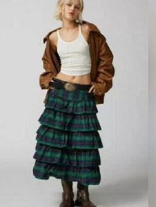 Urban Outfitters Midi Skirt Rainee Tiered Holiday Green Plaid Retro Sz XS New - Picture 1 of 11