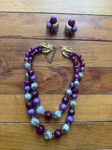 Vtg ART Arthur Pepper Purple Metallic Lucite Chunky Beaded Necklace Earrings Set - Picture 1 of 16