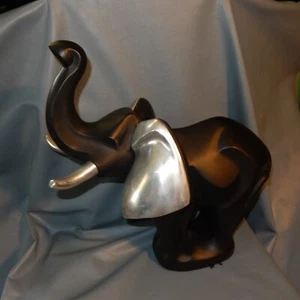 18" Vintage DANEY Sculpture Modern AUSTIN Large ELEPHANT Black Silver Trunk Up - Picture 1 of 10