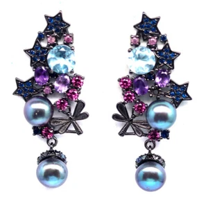 925 Silver 6 MM. Gray Pearl, Topaz, Amethyst, Sapphire, Rhodolite,.. Earrings - Picture 1 of 4