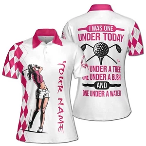 Custom Name Pink Argyle I Was One Under Today Golf Women's Polo S-5XL - Picture 1 of 7
