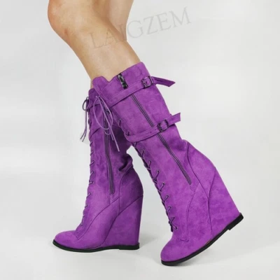 Vintage Women Calf Boots Side Zip Round Toe Wedges Heels Boots Faux Suede Shoes - Image 1 of 4