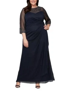 Alex Evenings Long A-Line Mesh Gown With Beaded Illusion Neckline Dark Navy 16W - Picture 1 of 24