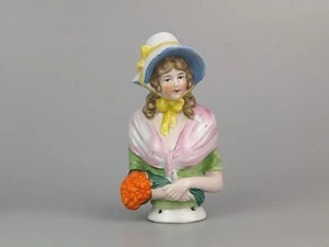 Large Half Doll Victorian Girl in Bonnet with a Bouquet of Orange Flowers 14680 - Picture 1 of 8