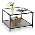 70cm 2-tier Coffee Table Square Glass W/ Mesh Shelf Side Table Living Room