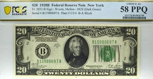 1928B $20 FEDERAL RESERVE NOTE NY REDEEMABLE IN GOLD FR 2052-B PCGS 58 CH AU PPQ - Picture 1 of 2