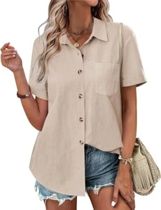 Womens Button Down Shirts Color Block Short Sleeve Cotton Linen Summer Causal L - Picture 1 of 1