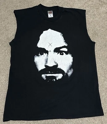 Vintage Charles Manson Face Black Shirt XL Fruit Loom Helter Skelter Cut Off 90s - Image 1 of 4