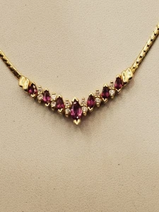 14k Yellow Gold Ruby And Diamond V Shaped Necklace 18" - Picture 1 of 9