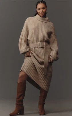 Vestido Anthropologie Suéter Midi Beige Manga Larga Cuello Alto Cinturón Mediano Nuevo con Etiquetas Foto 1 de 4