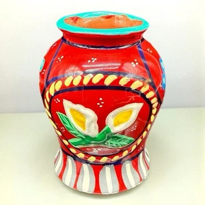 Mini vaso porta stuzzicadenti arte popolare messicana ceramica argilla rossa dipinto a mano floreale - Foto 1 di 11