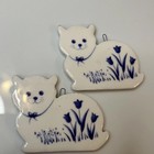 2-Russ Berrie Porcelain Cat Kitten Christmas Ornaments Delft Blue White Tulip