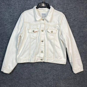 Old Navy Womens XXL Off White  Distressed Boho Denim Embroidered Jean Jacket - Picture 1 of 9