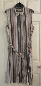 Primark Striped Midi Shirt Dress Size 16 Peach White Grey Collar Tie Belt - Picture 1 of 4