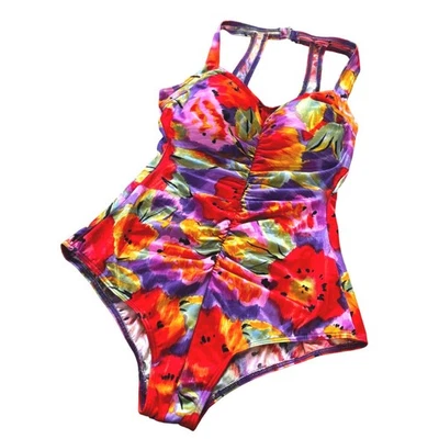 Traje de baño vintage años 80 BODY LD abstracto neón floral de una pieza M Foto 1 de 4