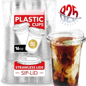 100 Set, 16 oz Clear PET Disposable Plastic Cups With (SIP LIDS) STRAWLESS - Picture 1 of 6