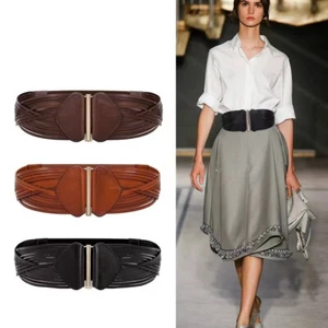 Women Real Leather Braided Waist Belt Gold Buckle Elastic Stretch Wide Waistband - Picture 1 of 54