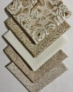 LOT OF 5 NEW TAUPE TONAL ROSES FAT QUARTER QUILTING BUNDLE 100% COTTON - Picture 1 of 3