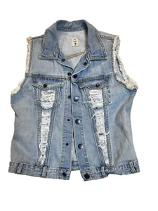 Volcom Jeans Light Denim Button Down Vest Boho Distressed Floral Back Hippie Sz1 - Picture 1 of 6