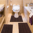 Striped Brown Bathroom Rug Set 3 Pieces Ultra Soft Non Slip Chenille Bath