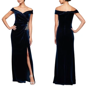 NEW Petite ALEX EVENINGS Navy OFF THE SHOULDER Velvet BEADED Ruched Side GOWN 8P - Picture 1 of 17