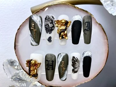 Unhas falsas de renda preta anjo design pintado à mão unha falsa cola na unha - Imagem 1 de 4