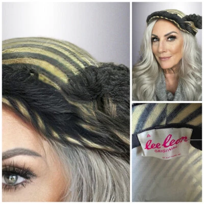 1950s retro VINTAGE LEE LEON  Hat Yellow/Gray Stripes /Yarn+Bee Accent Sz 22  - Image 1 of 4