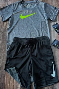 NWT Nike Little Boys 7 Black/Gray/Neon Yellow/Wht Big Swoosh Dri-Fit Shorts Set - Picture 1 of 4
