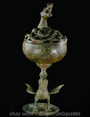 Quemador de incienso Fénix dragón fengshui de bronce chino antiguo de 23,2" Foto 1 de 4