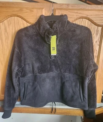 女士 Snap Front 舒适夏尔巴套衫运动衫 - 运动型 - 黑色小号 — 第 1/2 张图片