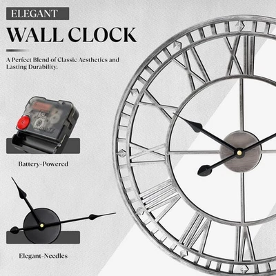 Extra Large Skeleton Roman Numerals Wall Clock Open‑Face Metal Home Garden Decor - Image 1 of 4