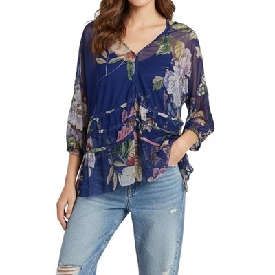 BLUSA JOHNNY WAS MAZZY CON VOLANTES ULLANI FLORAL MALLA TRANSPARENTE CUENTAS TALLA M Boho Foto 1 de 4
