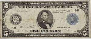 1914 ~ $5 ~ LARGE FEDERAL RESERVE NOTE ~ CH F - Picture 1 of 2