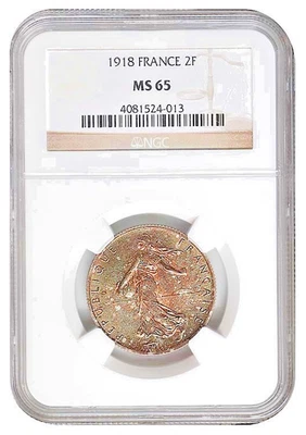1918 França prata 2 francos, NGC MS-65 - Imagem 1 de 2