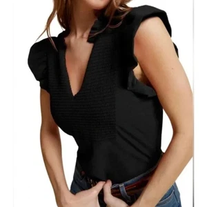 NATION LTD Habiba gesmoktes V-Ausschnitt Pima Baumwolle Tank Rüschenbesatz schwarz Gr. XS - Bild 1 von 6