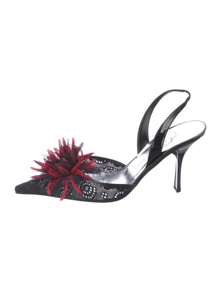 GIUSEPPE ZANOTTI Black Patent Mesh Flowers Slingback Pumps 7.5 IT 37.5 Very Good - Image 1 of 4