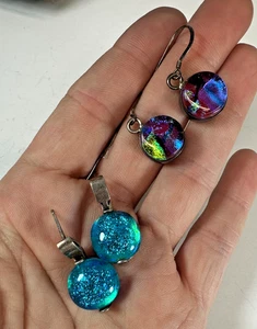 Sterling Silver Dichroic Glass Royal Blue Dangle Lot 2 Pair Dangle LZ - Picture 1 of 6