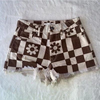 Pantalones Cortos PacSun Tiro Alto Festival Marrón y Tostado Flores a Cuadros Corte Talla 23 Foto 1 de 4