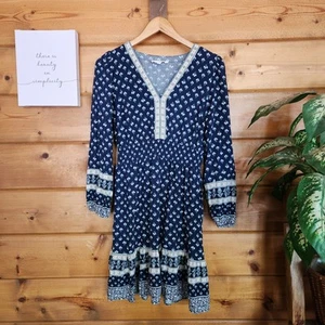 Lucky Brand Kleid blau Blumen Prärie Boho gesmokt gerafft Taille Stretch Gr. M - Bild 1 von 12