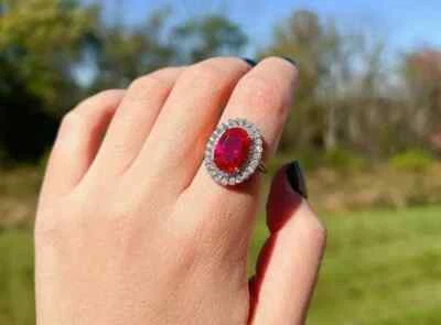 3.70Ct Oval Natural Red Ruby Diamond Halo Engagement Ring 950 Platinum Size 7 8 - Image 1 of 4