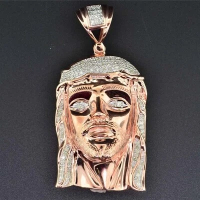 Colgante para hombre 0,50 ctw brillante moissanita enchapado en oro rosa 14K cara de Jesús 2,1" Foto 1 de 4