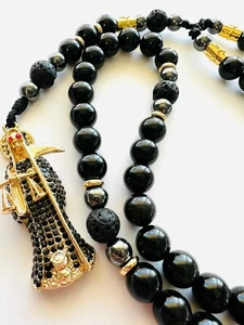 Black Santa Muerte Rosary Black natural Obsidian and Lava rock - Picture 1 of 8