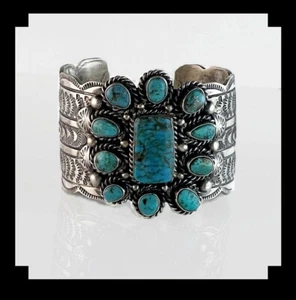Native American Sterling and 11 Stone Kingman Turquoise Cuff - Picture 1 of 7