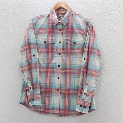 Camisa Ariat Feminina Média Azul Vergalhão Vermelho Feita Resistente DuraStretch Trabalho Xadrez Logotipo - Imagem 1 de 4