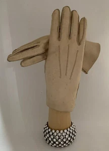 Vintage 1950s Kid Skin Dark Cream Leather Flared 9 Inch Gloves Size 6.5 - Picture 1 of 12