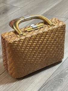 Vintage Rodo Natur geflochten Weidenkorb Gold Henkel Box Handtasche Geldbeutel Italien - Bild 1 von 17
